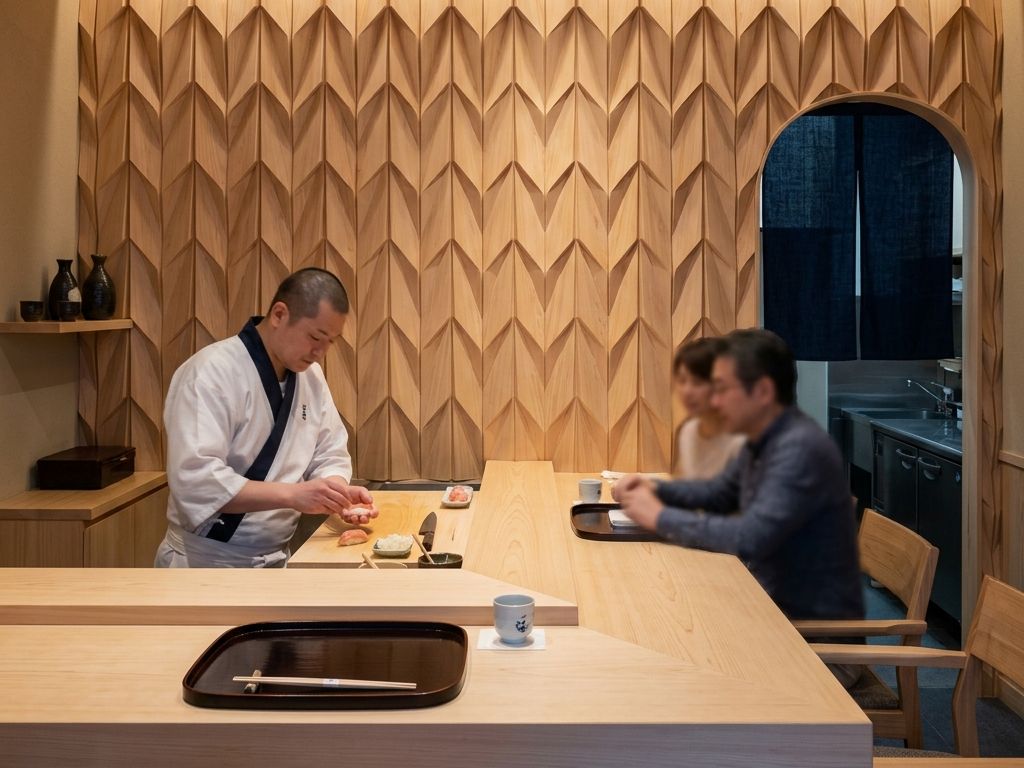 和食店白木矢羽レリーフカウンター